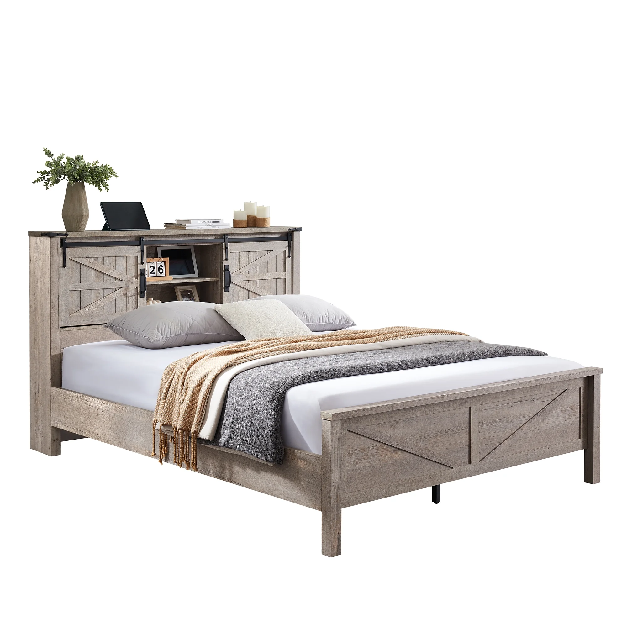 OKD Modern Farmhouse Full Platform Bed with Bookcase Headboard Storage and Charging Station, No Box Spring Needed, Anitique White Finish