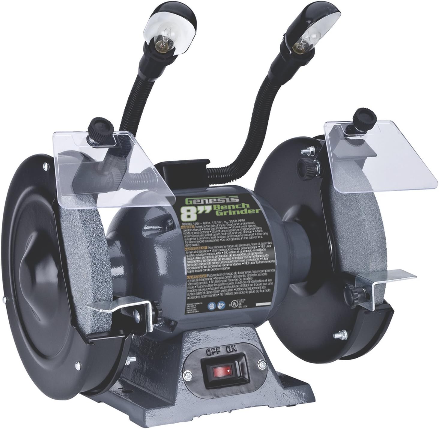 Genesis GBG800L 8" Bench Grinder with Dual, Flexible Lights and Eye Shield , Green