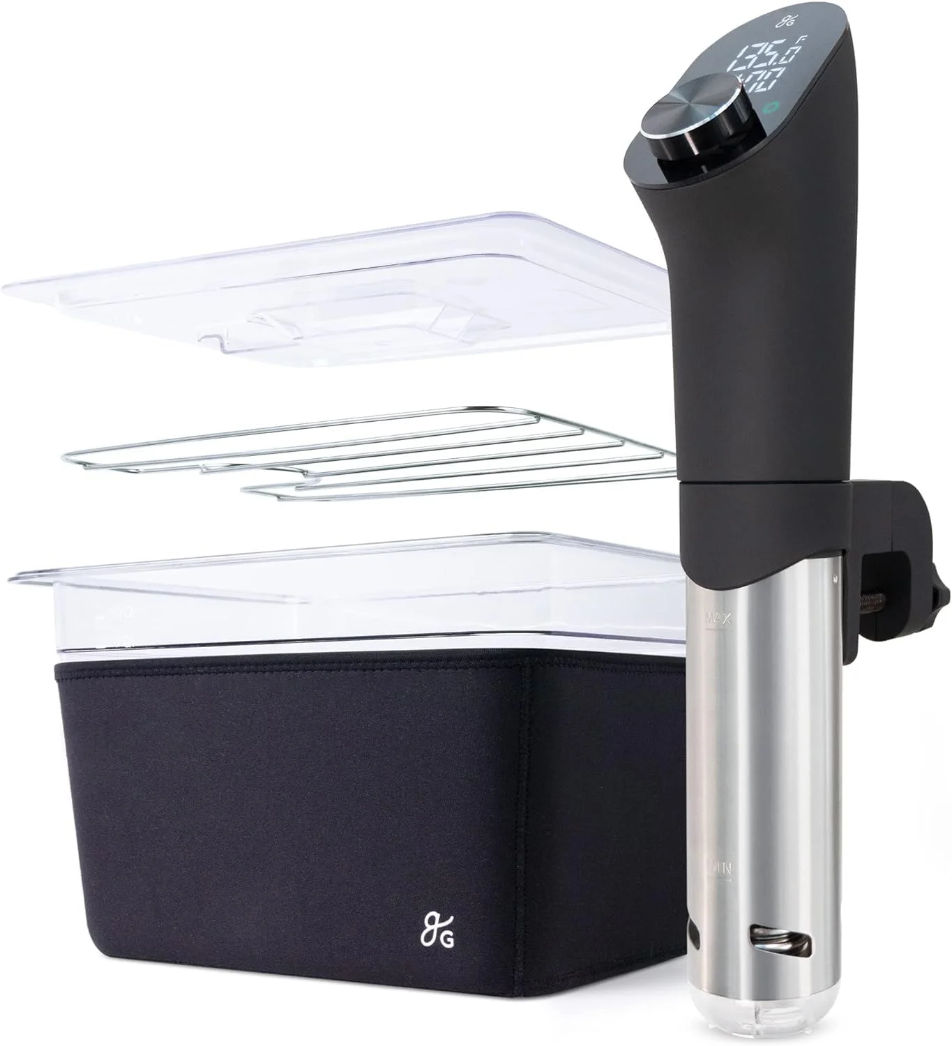 YINCHEN Pro Sous Vide Kit - An 1100 Watt, Powerful, Precise Sous Vide Cooker and Premium, Plastic Container with Sous Vide Rack, Lid, and Neoprene Sleeve | Designed in St. Louis