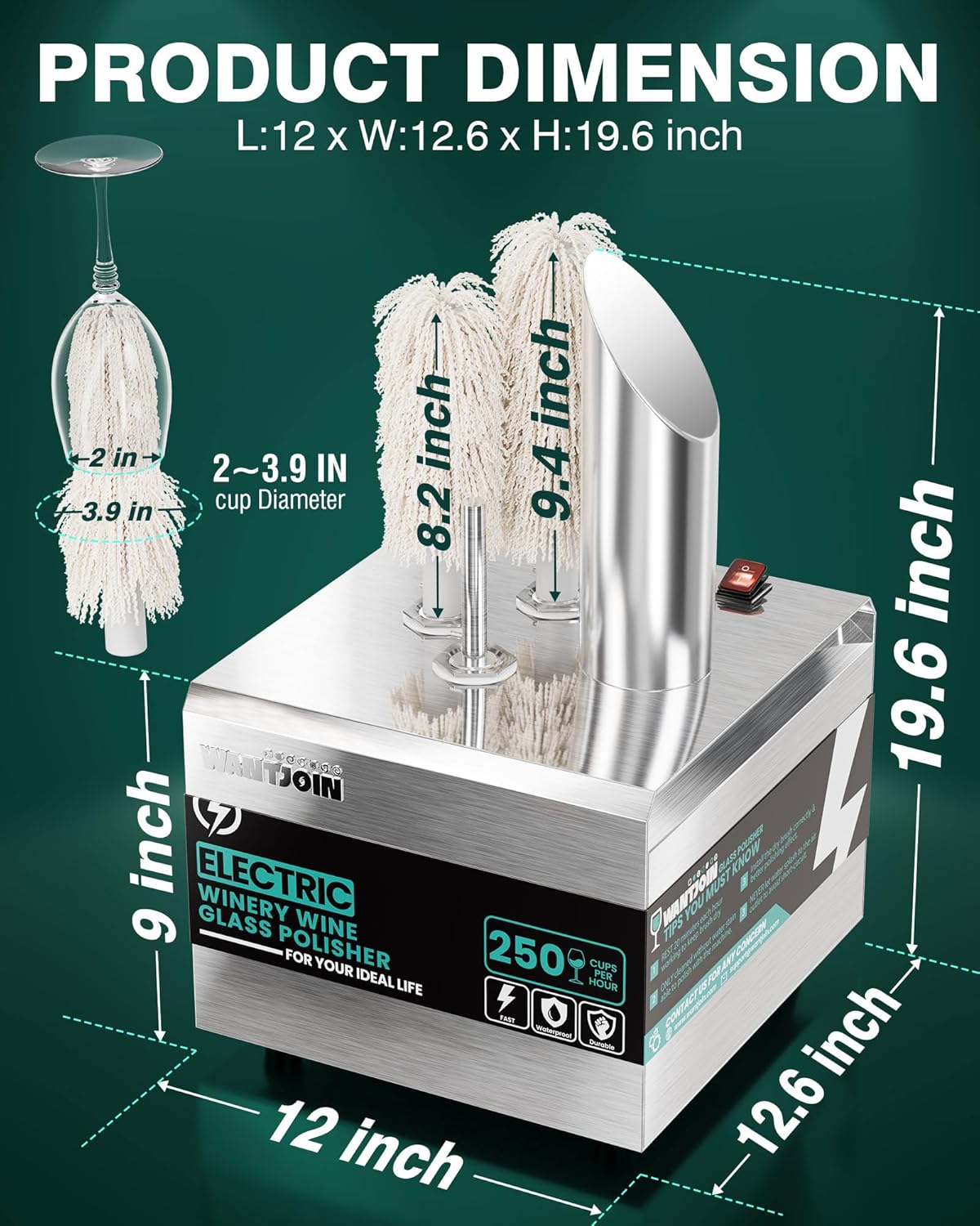 Glass Polisher,3 Pure cotton Brushes Electric Wine Glass Polisher with High Powered Heater, Stainless-Steel Commercial glass polisher machine,Safe & Hygienic for Bar Kitchen Restaurants