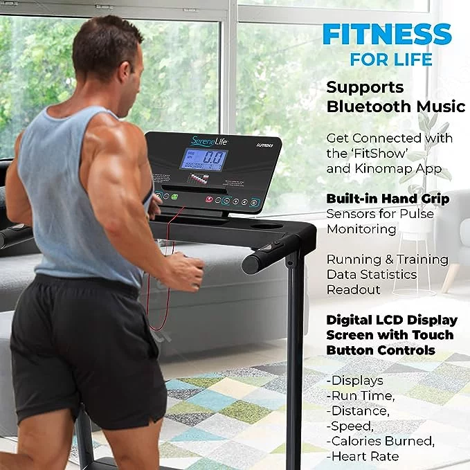 SereneLife Folding Exercise Running Treadmill Machine, Upgraded Electric Motorized Exercise Equipment with 36 Pre-set Program, 15 Incline Level, Bluetooth Music and App support for Home Gym or Office