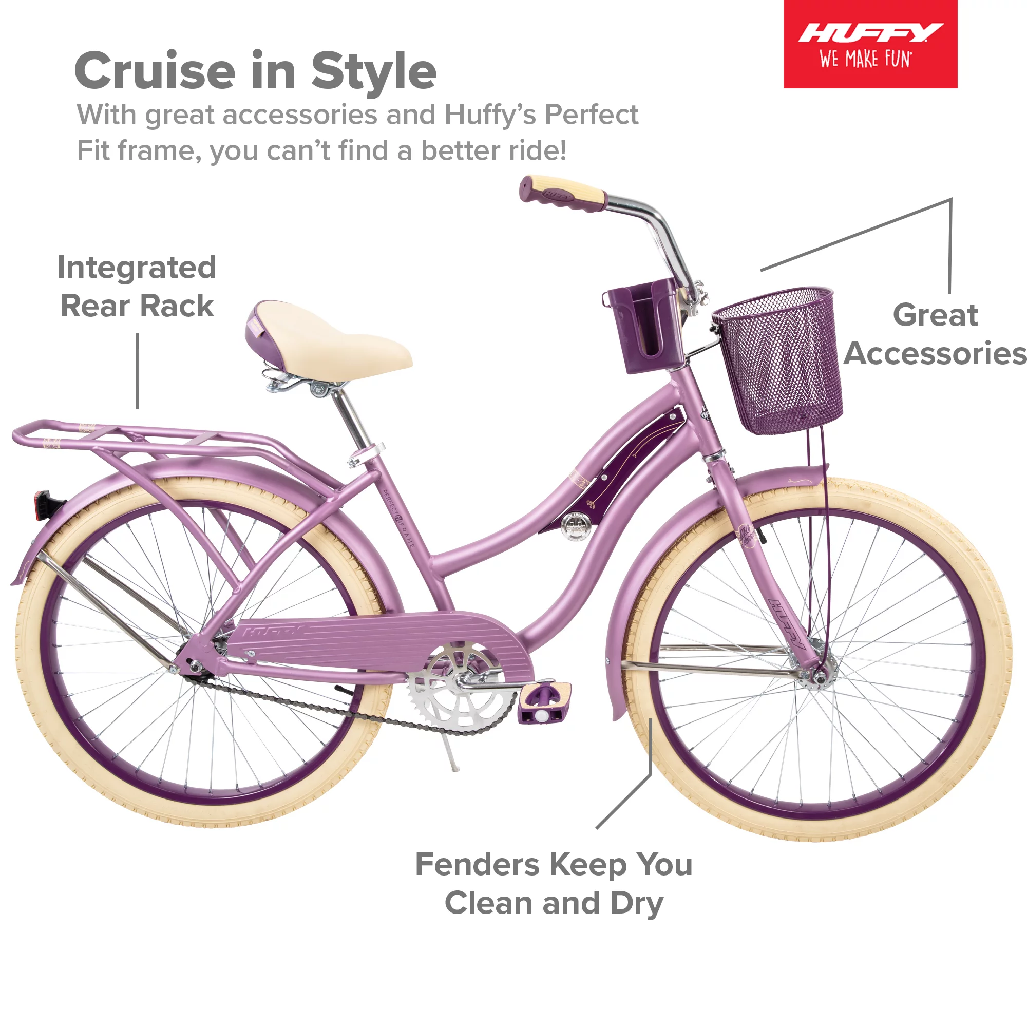 Huffy 24" Nel Lusso Girls' Cruiser Bike, Purple Satin, Age 12+ Years