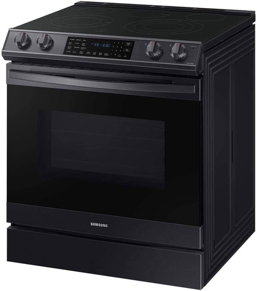 SAMSUNG 6.3 Cu Ft Smart Front Control Slide-In Electric Range Kitchen Stove w/ Air Fry, Convention+, Wi-Fi, Large Oven Capacity, NE63T8511SG/AA, Fingerprint Resistant Stainless Steel, Black