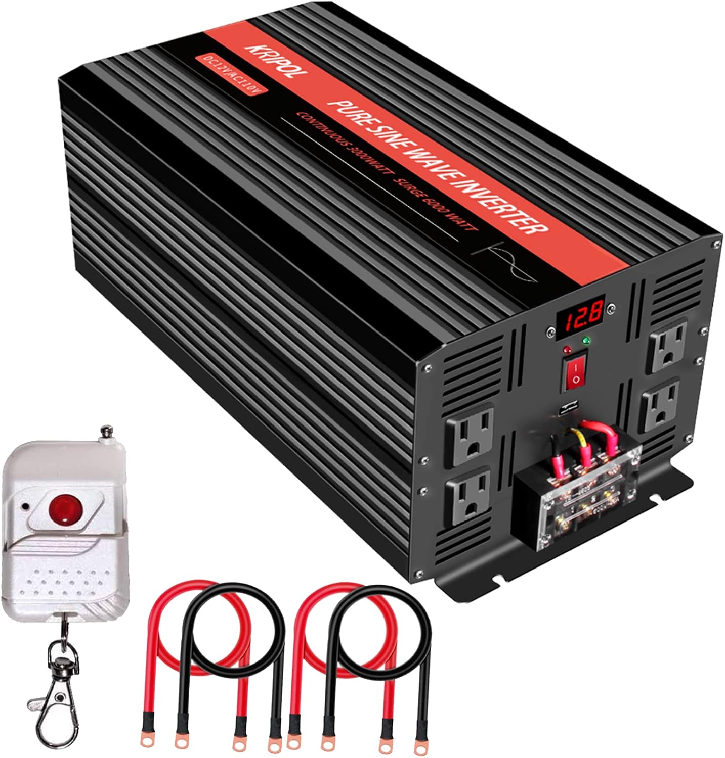 2000 Watt Pure Sine Wave Inverter 24V DC to 110v/120v AC 60HZ, Car Power Inverter with 4 AC Outlets&1 USB Output 50M Wireless Remote Control for Truck/RV/CPAP-Peak 4000 Watt (2000W-24V)