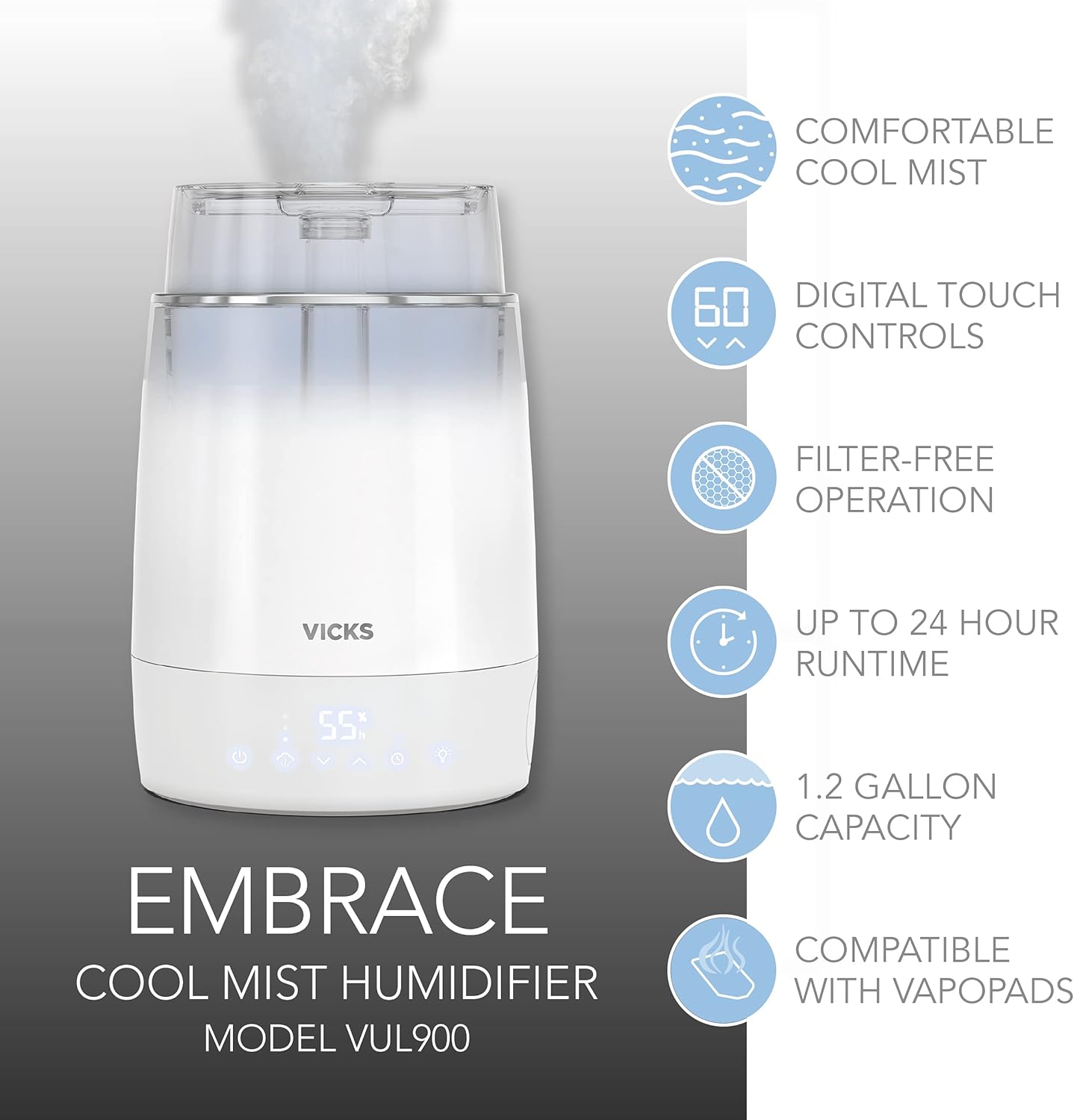 Vicks Embrace Cool Mist Top Fill Humidifier (VUL900), White – Cool Mist Humidifier Top Fill for Bedroom or Office