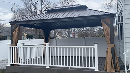 YOLENY 10' x 12' Hardtop Gazebo, Wood-Looking Gazebo with Galvanized Steel Double Roof, Aluminum Frame, Permanent Metal Pavilion with Netting and Curtains for Deck, Backyard, Patio and Lawns
