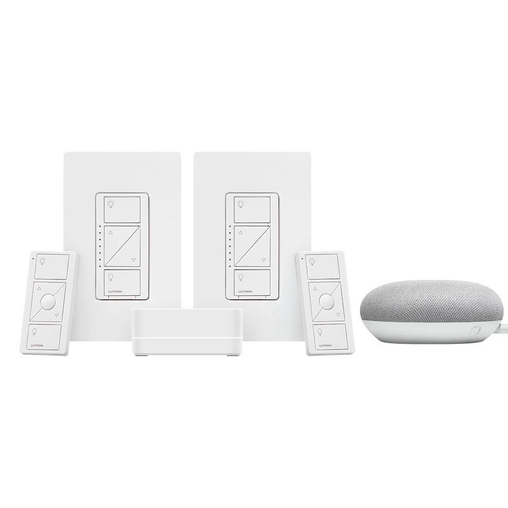 Lutron Caseta Wireless Smart Lighting Dimmer Switch (2 Count) Starter Kit w/ Google Mini Chalk