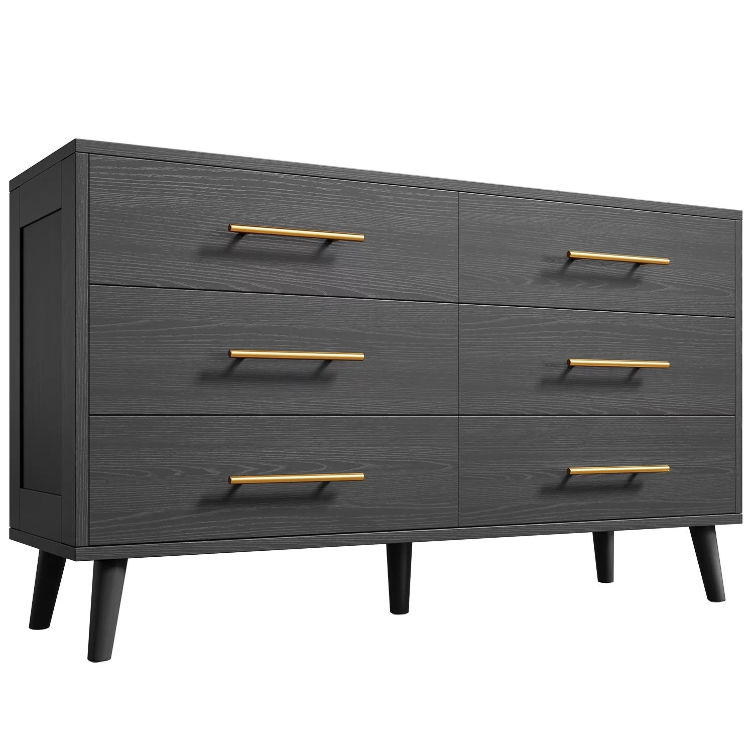 Dresser for Bedroom,Black Dresser with 6 Drawers, Wide Chest of Drawers with Gold Handles