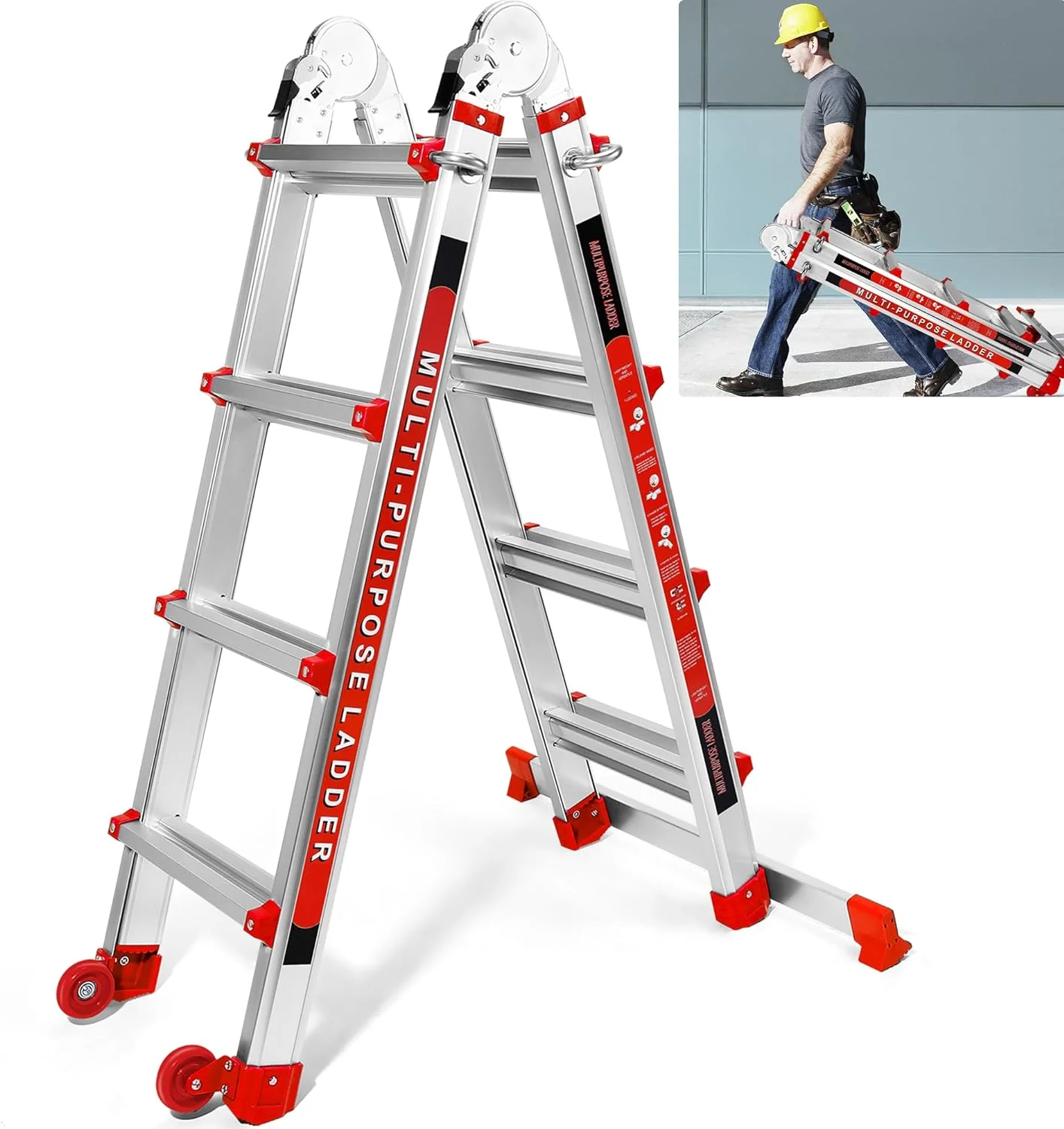OUWI Ladder, A Frame 4 Step Extension Ladder, 13.5FT Little Giant Ladder with Stabilizer Bar & Wheels,330 lbs Capacity Telescoping Ladders for Home or Outdoor Work(Red) - Curated Treasures Market