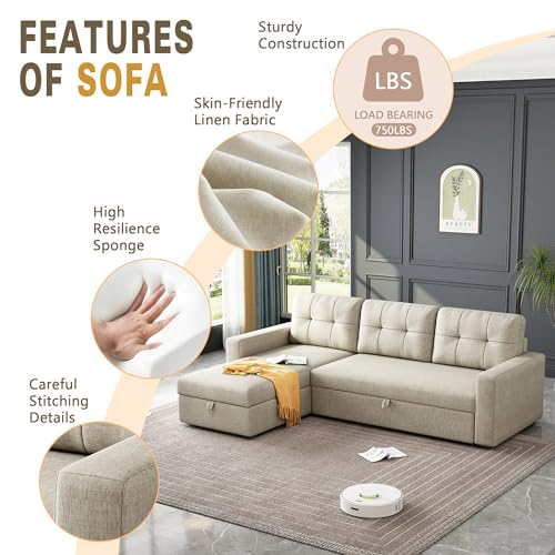 81.5'' L-Shape Sleeper Sectional Sofa with Storage Chaise and Pull-Out Bed, Living Room Convertible Couch Bed,W/ 3 Back Cushions & Breathable fabric,for Apartment,Office,(Beige)