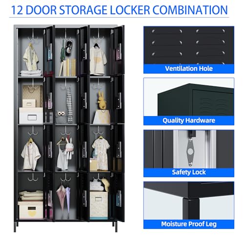 METAN Metal Storage Locker for School Office Gym Bedroom, 12 Doors Locker Cabinet for Employees, Industrial Steel Storage Locker with 12 Hooks, Assembly Required (12 Door-Light Gray)