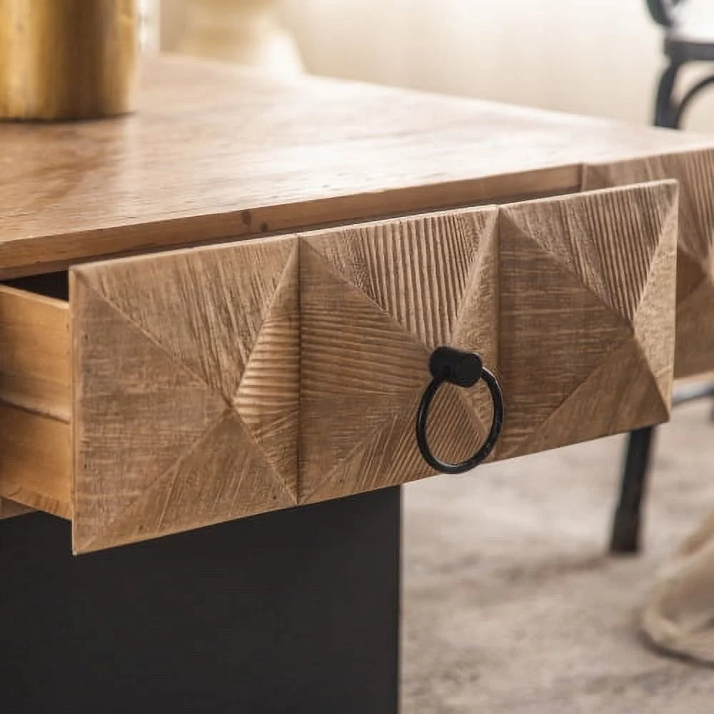 Motent 32.28"Three-dimensional Embossed Pattern Square Retro Coffee Table with 2 Drawers and MDF Base