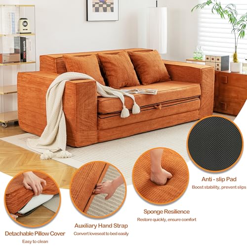 HOMREST 76" Convertible Memory Foam 3-seat Sofa, Pull Out Sleeper Sofa Bed, 2 in 1 Folding Couch Bed, Fold Out Floor Couch Corduroy Fabric with 3 Pillows for Living Room Bedroom Lounge (Grey)