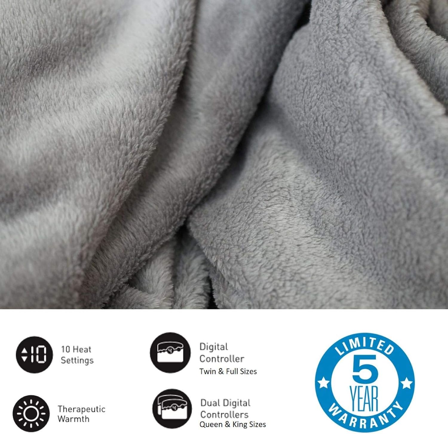 BIDDEFORD BLANKETS Micro Plush Electric Heated Blanket with Digital Controller, Queen, Grey