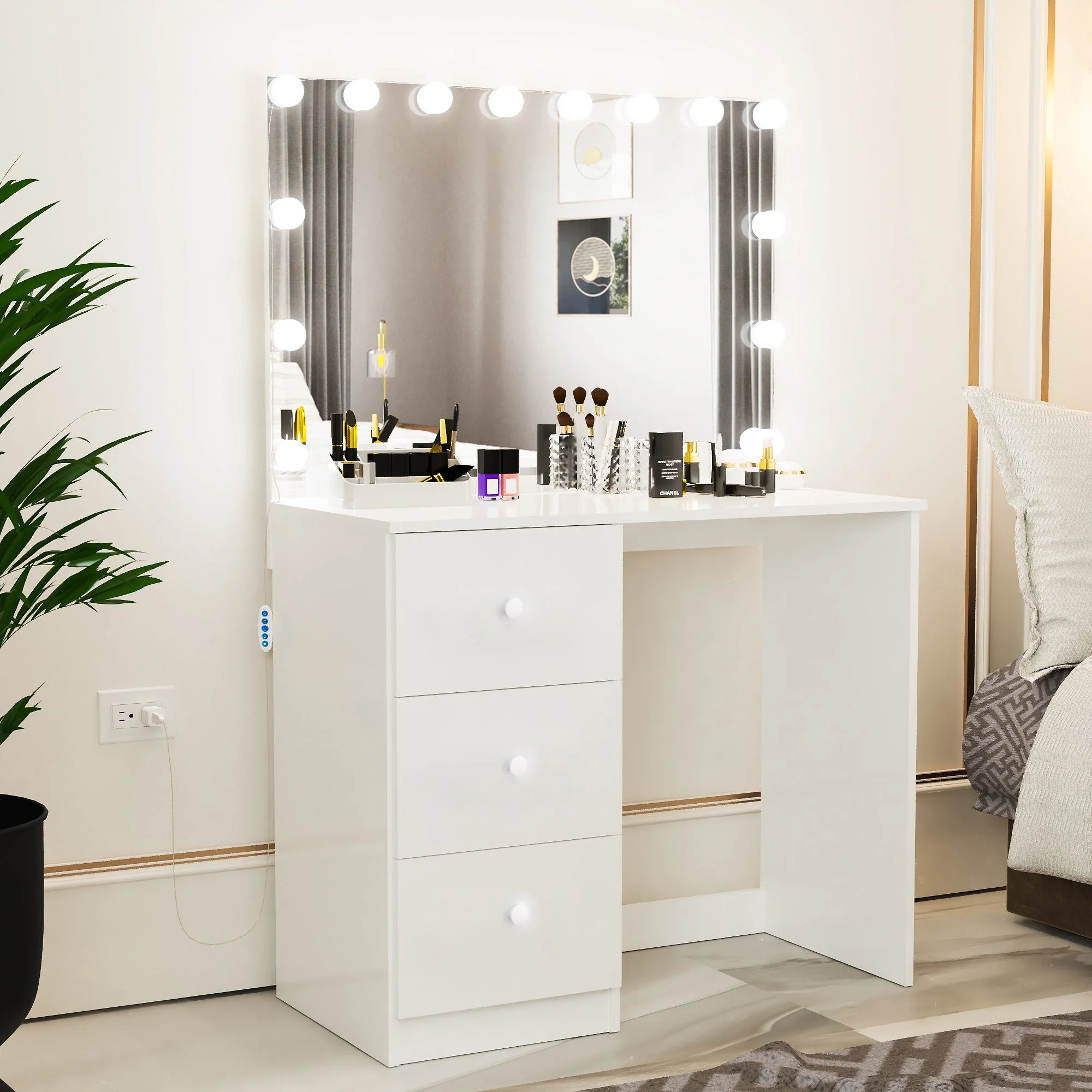 Boahaus Amelia Modern Vanity Table with Light Bulbs 3 Drawers Wide Mirror White Painted for Bedroom