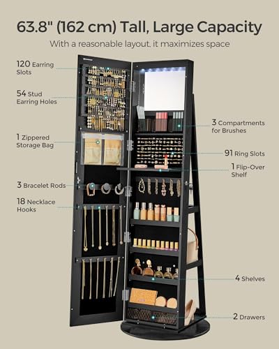 SONGMICS 6 LEDs Lockable Mirror Jewelry Cabinet, 360° Swivel Jewelry Organizer, Standing Jewelry Armoire, Frameless Full-Length Mirror, 3 Storage Shelves, White Surface, Black Lining UJJC007W01