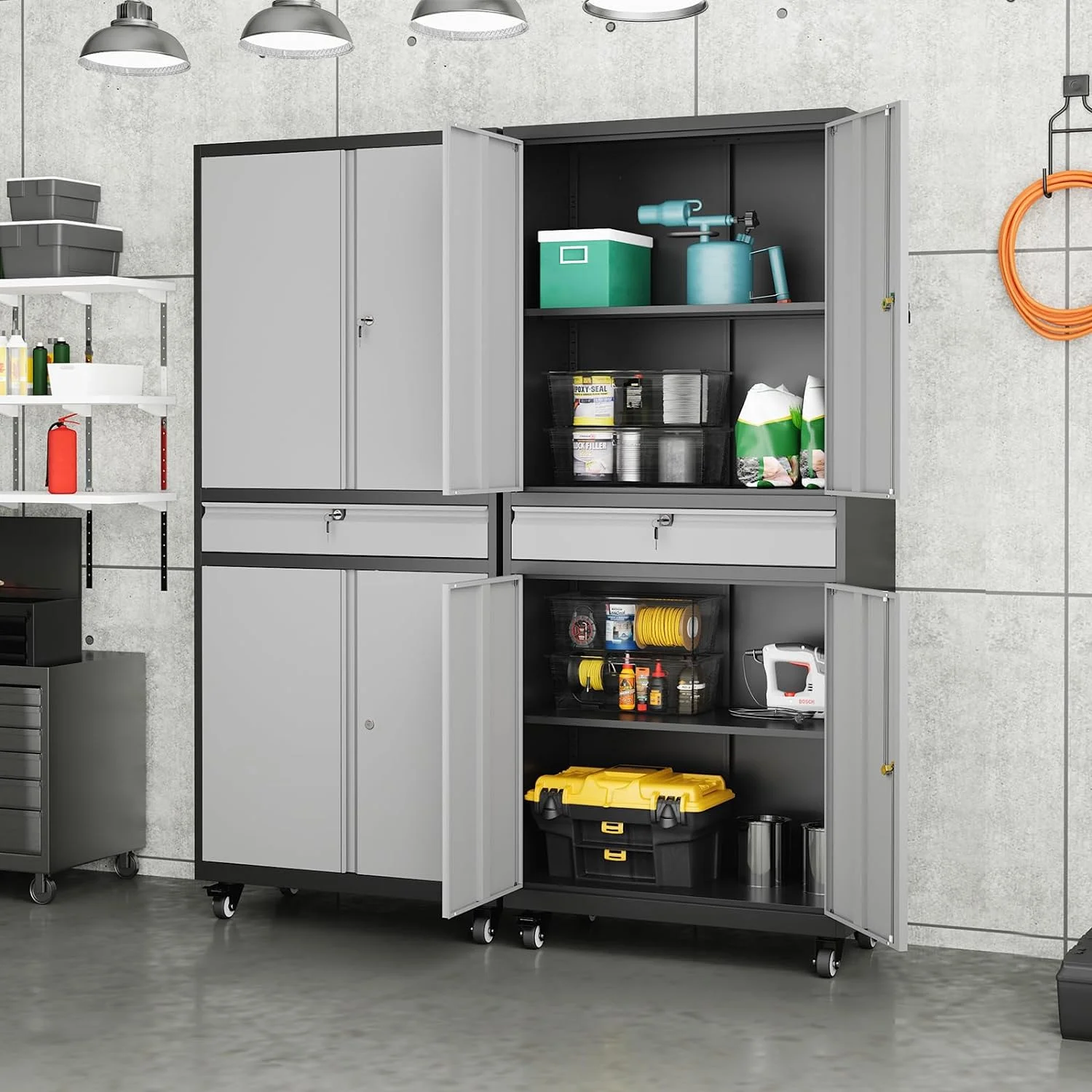 Metal Storage Locking Cabinet with 4 Doors and 2 Adjustable Shelves,71" Lockable Garage Tall Steel Cabinet,for Home Office,Living Room,Pantry,Gym,Commercial Storage (Black)