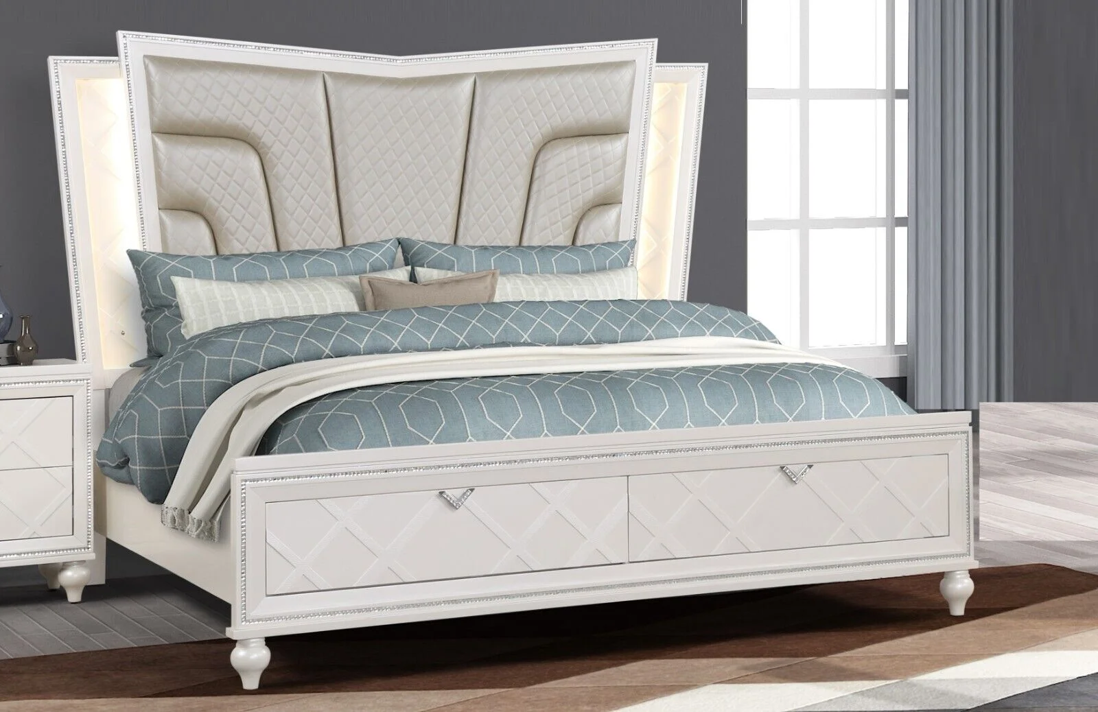 Modern 5pc Luxury Silver King Size Storage LED Headboard Bed Dresser Mirror Nightstand Bedroom Furniture