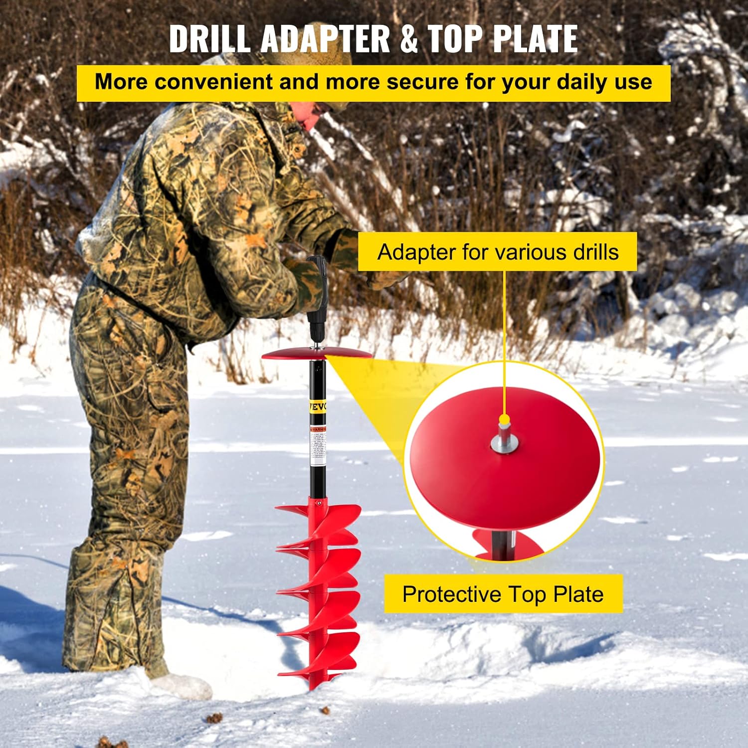 VEVOR Ice Drill Auger, 6" Diameter Nylon Ice Auger, 39" Length Ice Auger Bit,Auger Drill with 11.8" Extension Rod,Auger Bit w/ Drill Adapter,Top Plate & Blade Guard for Ice Fishing Ice Burrowing Red