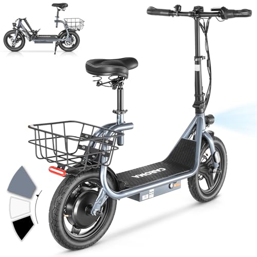 Caroma Peak 500W/800W/1200W Electric Scooter with Seat, Max 15/20/30Miles Range&20MPH, 14" Tires Foldable Adult Electric Scooter with Basket for Pets & Cargo, Dual Shock Absorbing Ebike for Commuting
