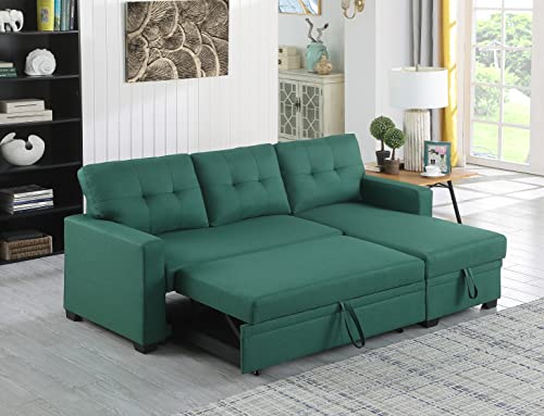 L-Shape Sofa Sectional Convertible Sleeper with Storage Chaise and Pull-Out Bed, Linen Upholstered Reversible Corner 3 Person Couch, for Living Room, Apartment, 82" Green, 82inch