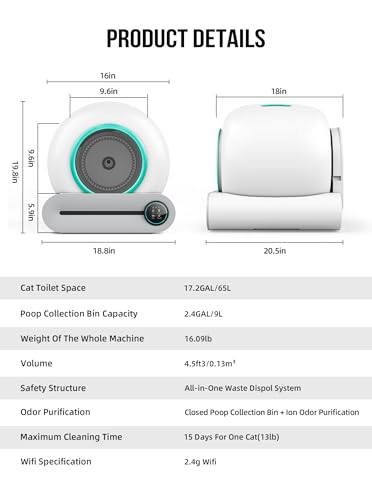 Self Cleaning Cat Litter Box, Automatic Cat Litter Box with Mat & Liners, 65L+9L Large Capacity Self Cleaning Litter Box, APP Control/Suitable for Multiple Cats - Green