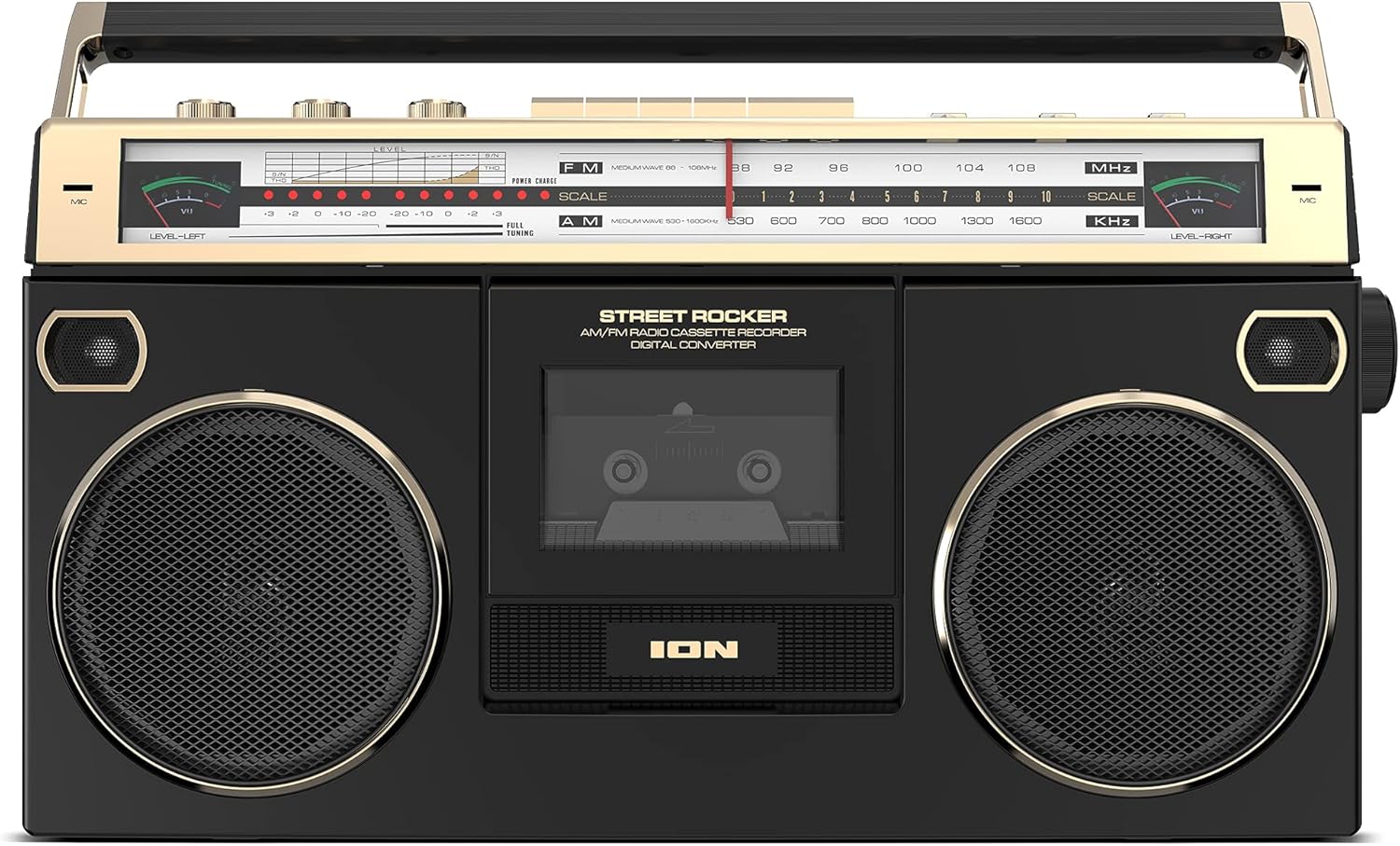 Ion Audio 1980S-Style Portable Bluetooth Boombox AM/FM Radio Cassette Player Recorder, VU Meters, USB Recording, Dual Full-Range High Bass Speakers (Gold Edition)