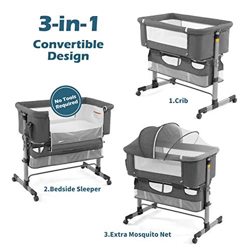 Bedside Sleeper Bedside Crib, Baby Bassinet 3 in 1 Travel Baby Crib Baby Bed with Breathable Net,Adjustable Portable Bed for Infant/Baby(Deep Grey)