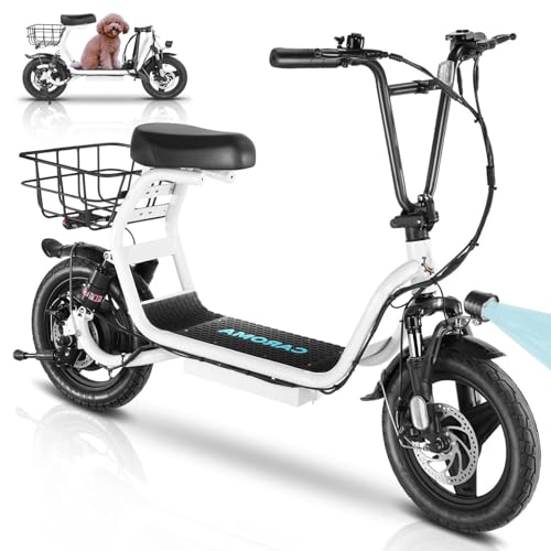 Caroma Peak 500W/800W/1200W Electric Scooter with Seat, Max 15/20/30Miles Range&20MPH, 14" Tires Foldable Adult Electric Scooter with Basket for Pets & Cargo, Dual Shock Absorbing Ebike for Commuting