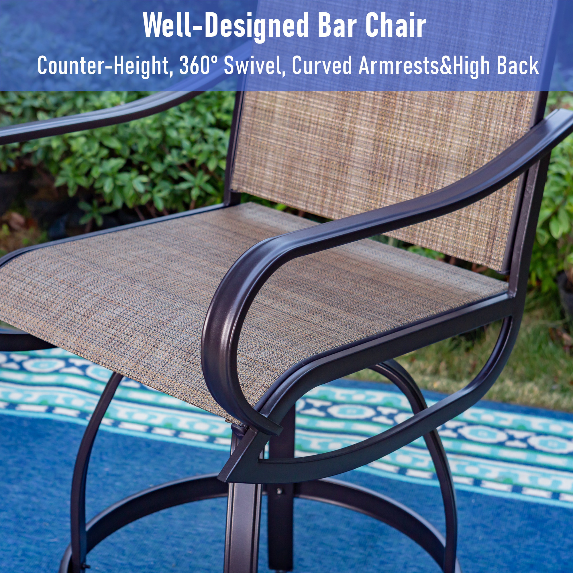 MF Studio 5-Piece All Weather Outdoor Bar Stool Set with Rectangle Counter Height Table & Patio Swivel Bar Chairs for 4 Person, Black & Brown