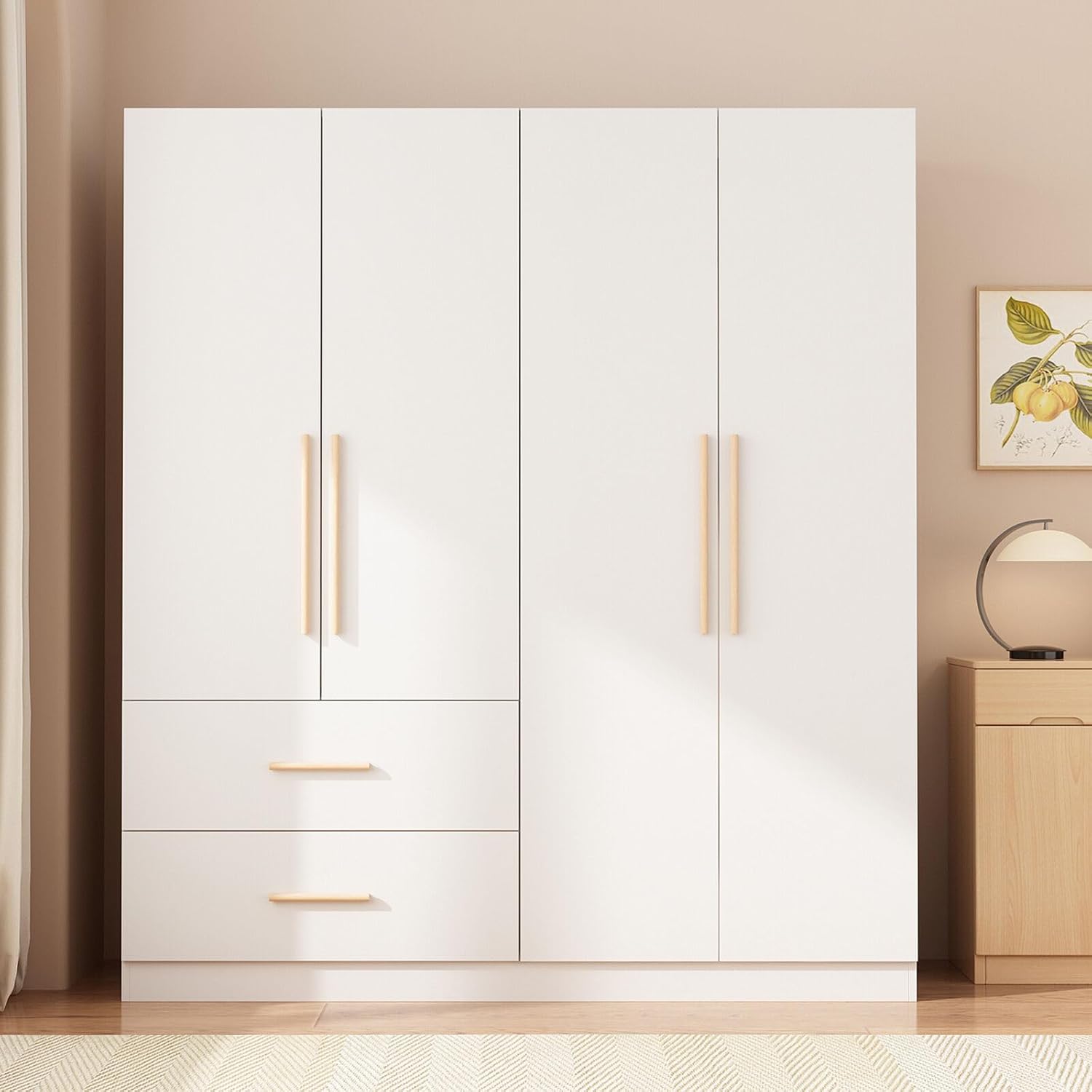 Tall Wooden Wardrobe Armoire Cabinet 4-Door 2-Drawer Free-Standing Wood Furniture Organizer for Clothing Storage, White, E355157241470