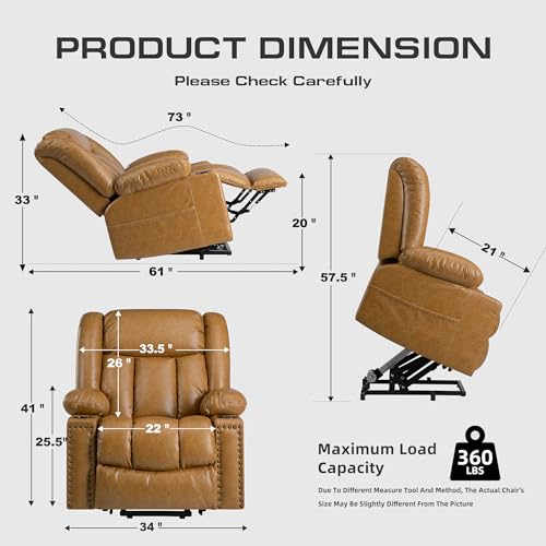 Large Power Lift Chairs Recliners for Elderly with Heated and Massage, Overstuffed Adjustable Lift Chairs, 3 Positions, Breathable Leather, USB-A and USB-C, Cup Holder, Side Pocket Dark Brown
