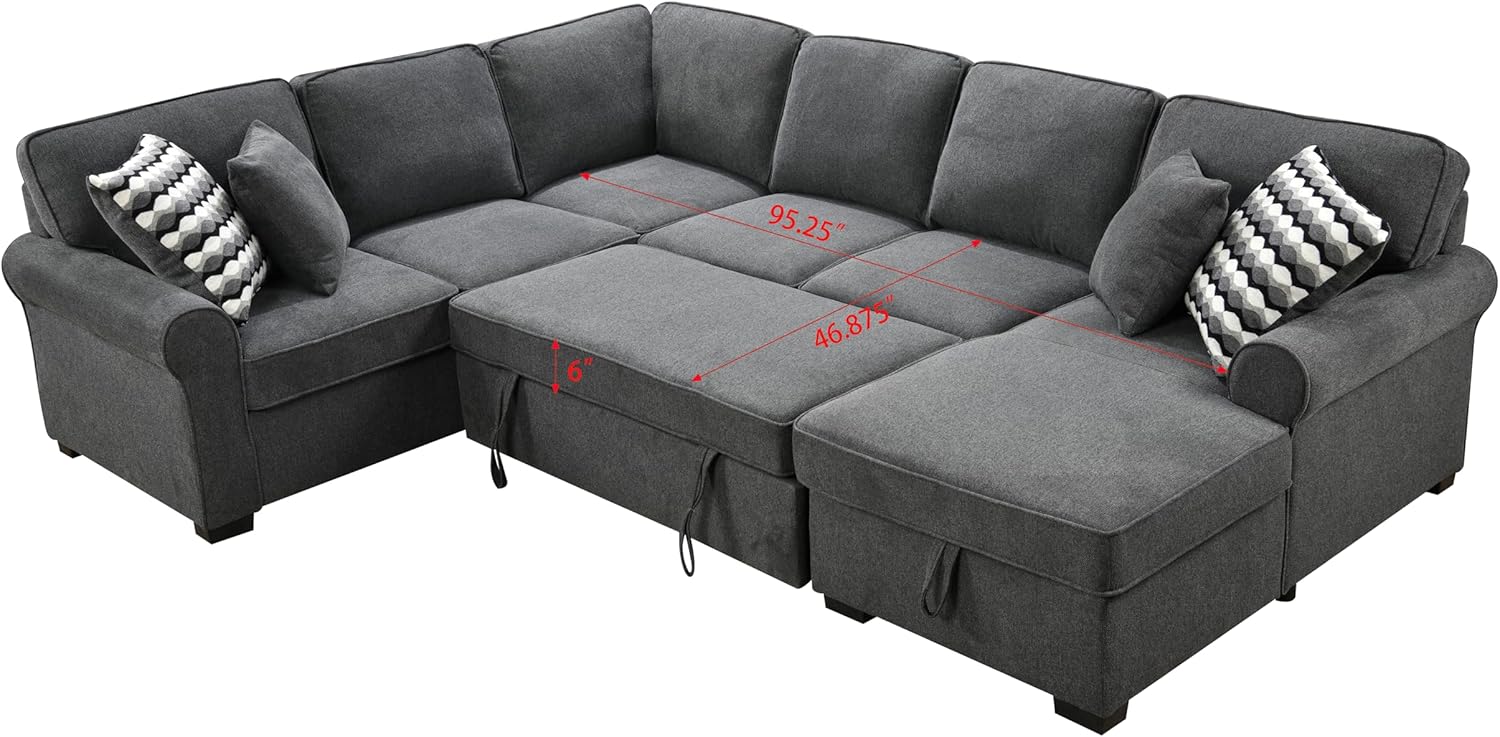 Ball & Cast 117" Sofa Bed with Storage Chaise,U Shaped Corner Convertible Sleeper Sectional Couch W/ 4 Throw Pillows & Removable Backrest Cushions,for Living Room,Apartment,Dark Gray