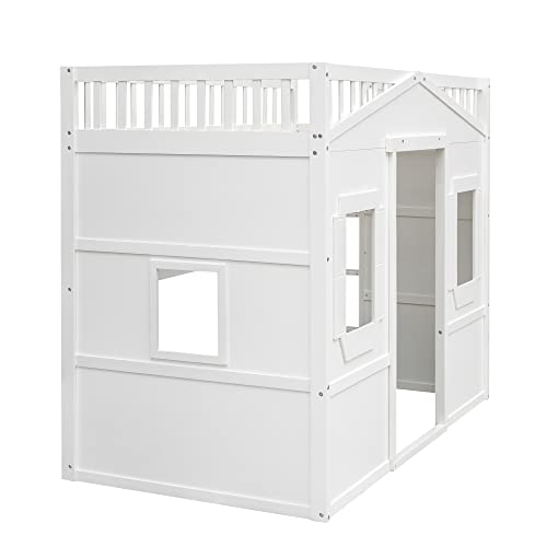 Full House Loft Bed Frame for Kids, Wood Full Loft Bed with Windows and Guardrail, Playhouse Bed, Full Size Loft Bed for Boys & Girls, No Box Spring Needed, Underbed Height is 51 Inches, White