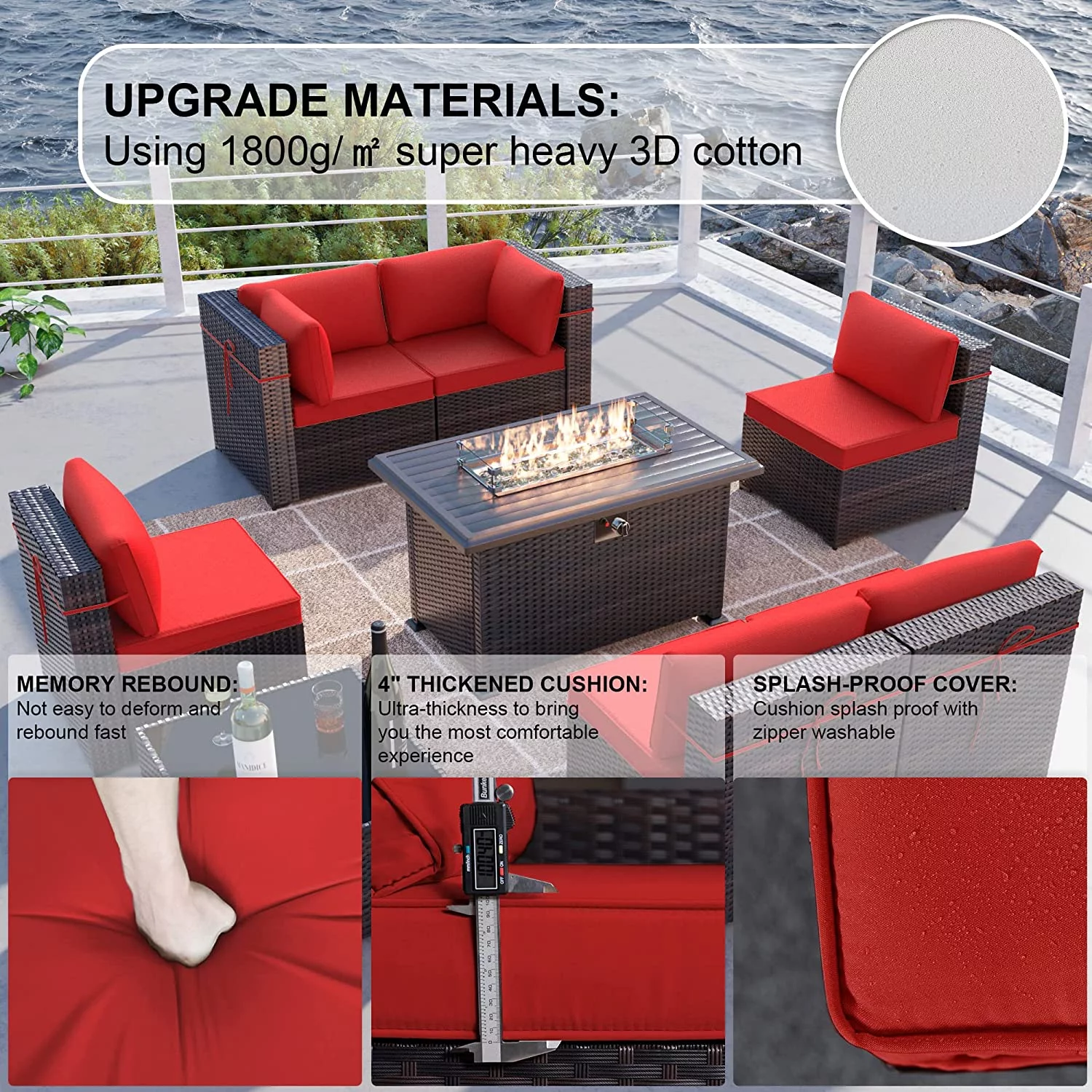 ALAULM 8 Pieces Outdoor Furniture Set with 43" Gas Propane Fire Pit Table PE Wicker Rattan Sectional Sofa Patio Conversation Sets,Red