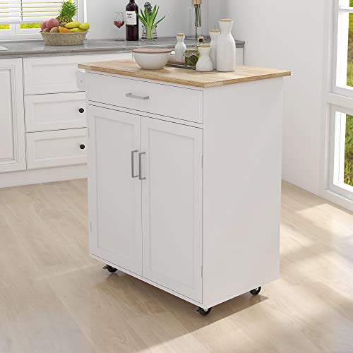 ACLULION Small Kitchen Island Cart with Storage, Rolling Kitchen Island with Rubber Wood Top, Kitchen Island on Wheels with Drawer, Towel Rack and Cabinet for Kitchen, Dining Room (White)