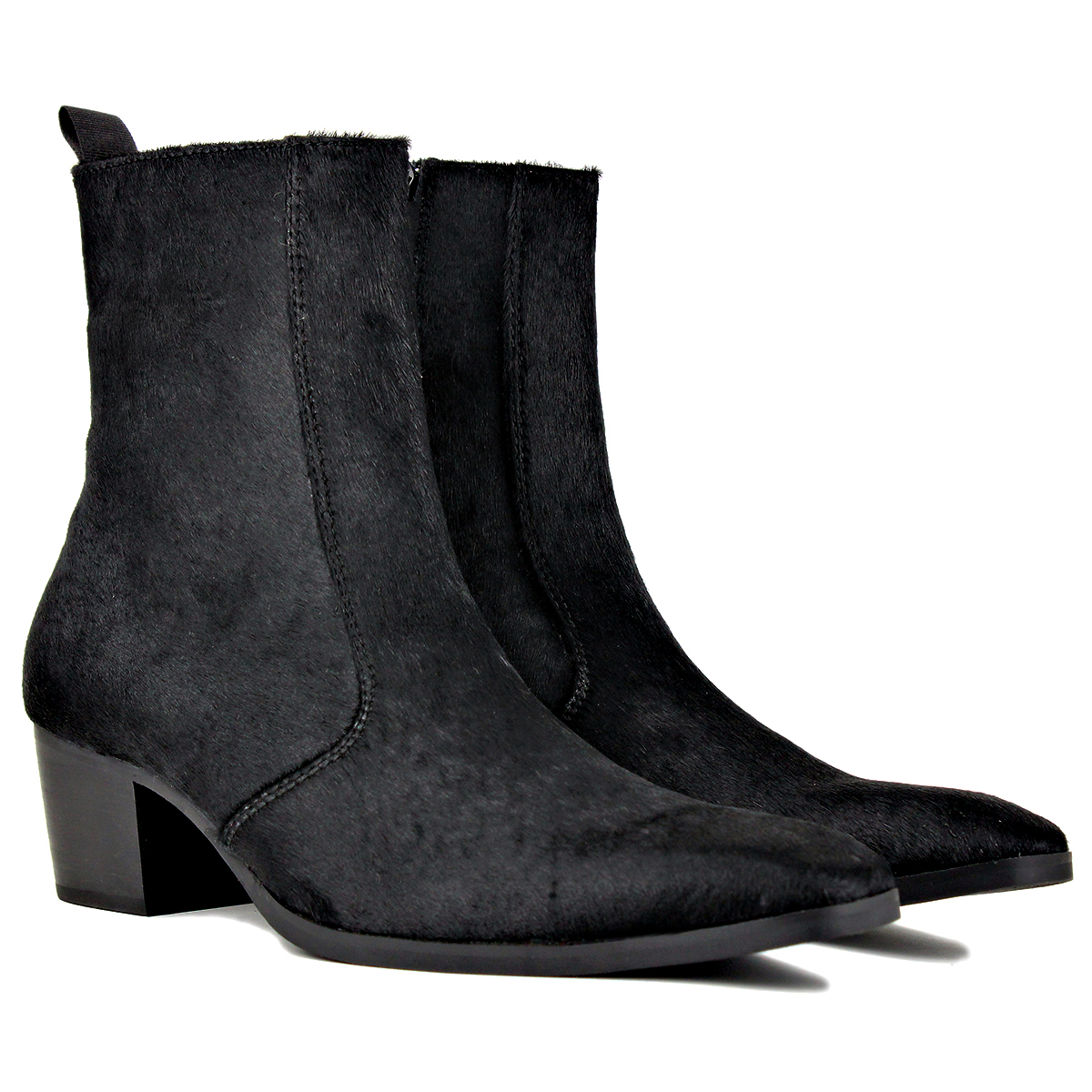 OSSTONE Dress Boots Chelsea Pony Hair Boots for Men Zipper-up Leather Casual Heel Shoes JY021-Black-7 Black