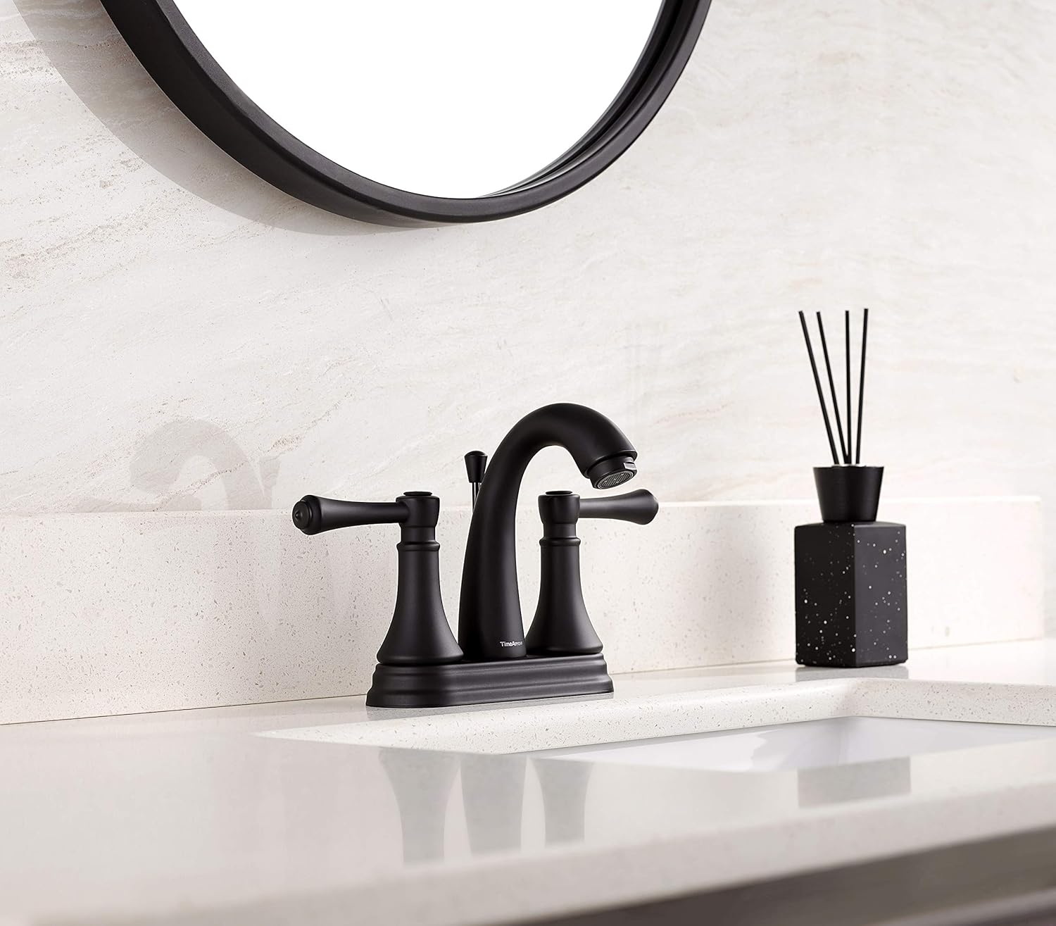 TimeArrow Brass 2 Handle Centerset Bathroom Sink Faucet Matte Black with Drain Assembly with Overflow and Lift Rod, TAF410Y-MB