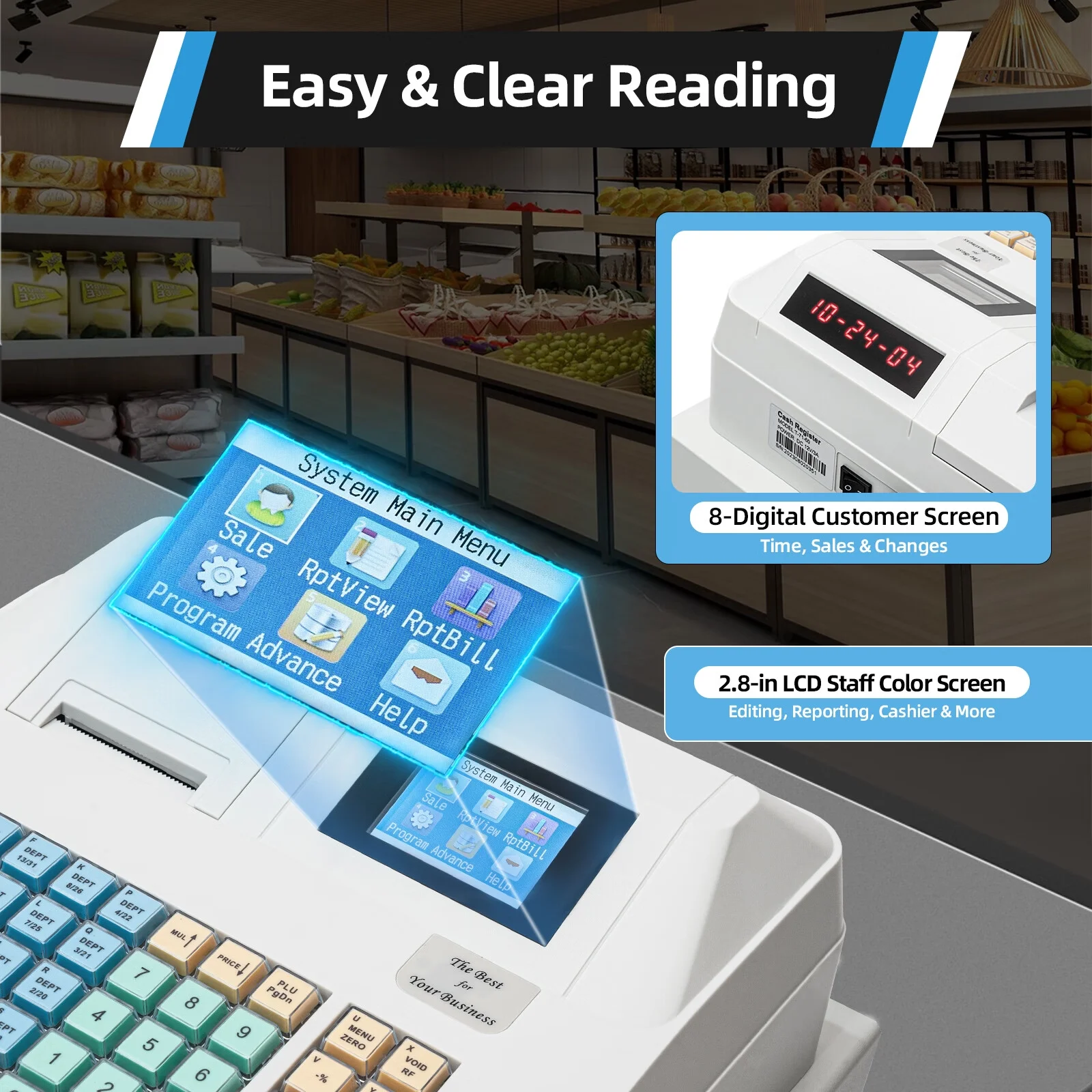 Aiqidi Electronic Cash Register POS Syetem 48 Keys 8 Digital LCD Display Casher with Flat Keyboard and Drawer Box for Retail Restaurant Shop 110V