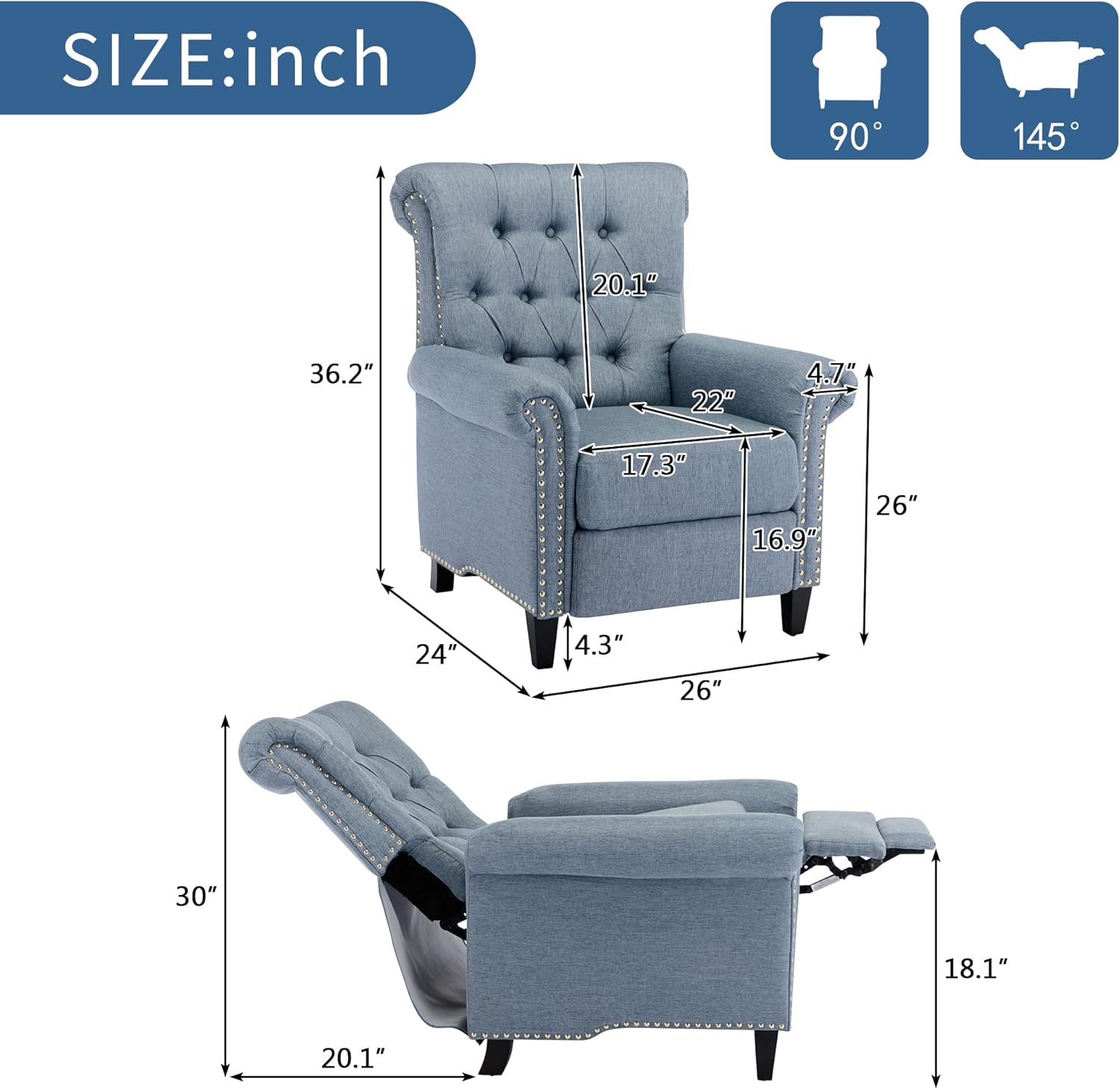 Pushback Recliner Chair, Linen Tufted Armchair Push Back Recliner with Rivet Roll Armrest, Single Sofa Accent Chair for Living Room and Bedroom