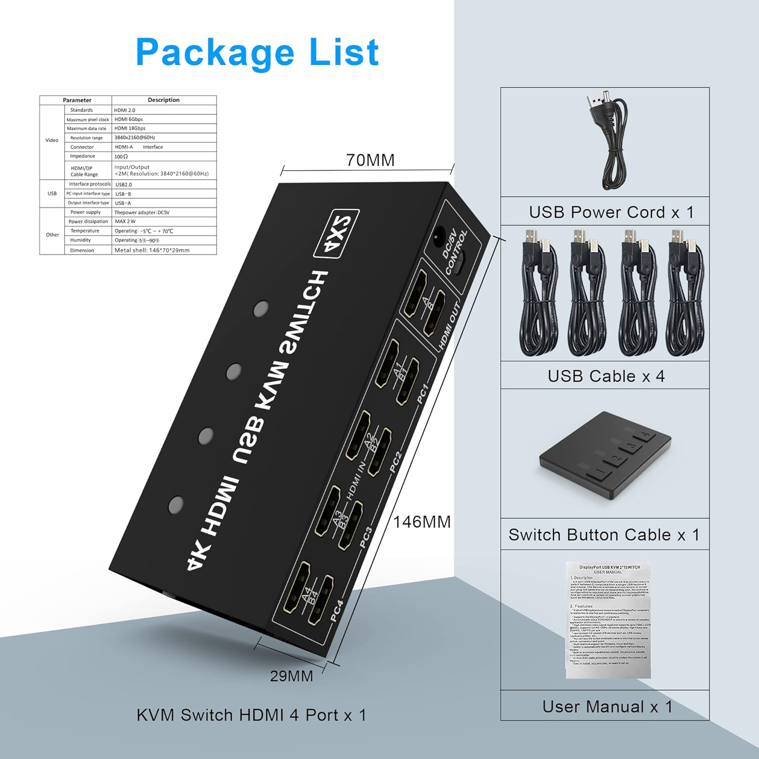 Dual Monitor KVM Switch HDMI 4 Port Extended Display 4K@60Hz KVM Switch 2 Monitors 4 Computers KVM Switch HDMI 4 in 2 Out PC Monitor Keyboard Mouse Switcher with 4 USB Cables USB Power Cord Controller