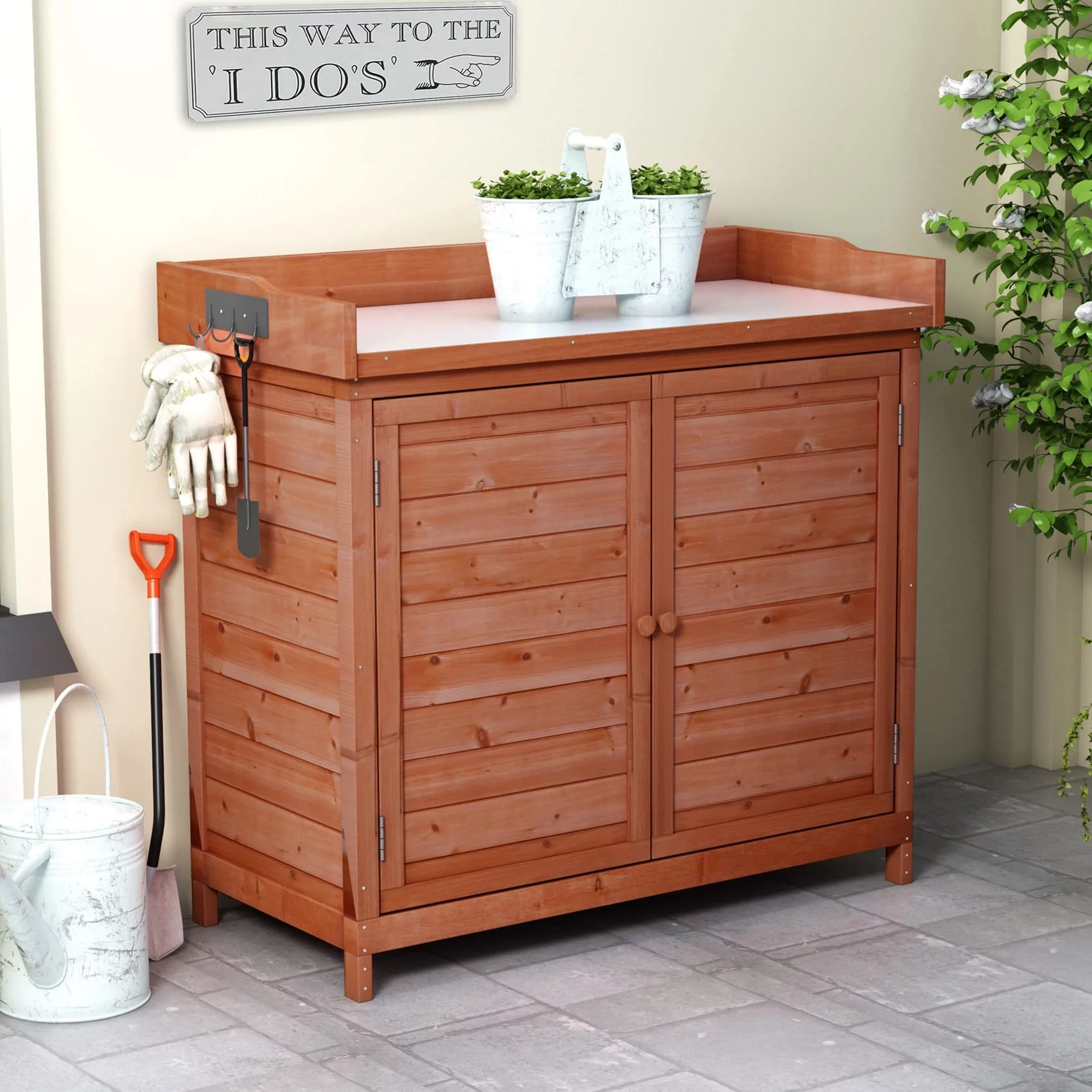 Outdoor Storage Shed with Floor, Waterproof Wooden Storage Cabinet, Tool Shed with Potting Benches, Rustic Wooden Garden Shed Organizer with Shelves and Hooks, Fir Wood (Orange)