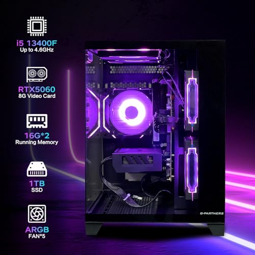 Gaming PC Desktop Computer,Intel Core i5 13400F,RTX 5060 8G,32GB DDR4 RAM 1TB SSD,ARGB Fan,Prebuilt Computer Tower for Gaming and Office
