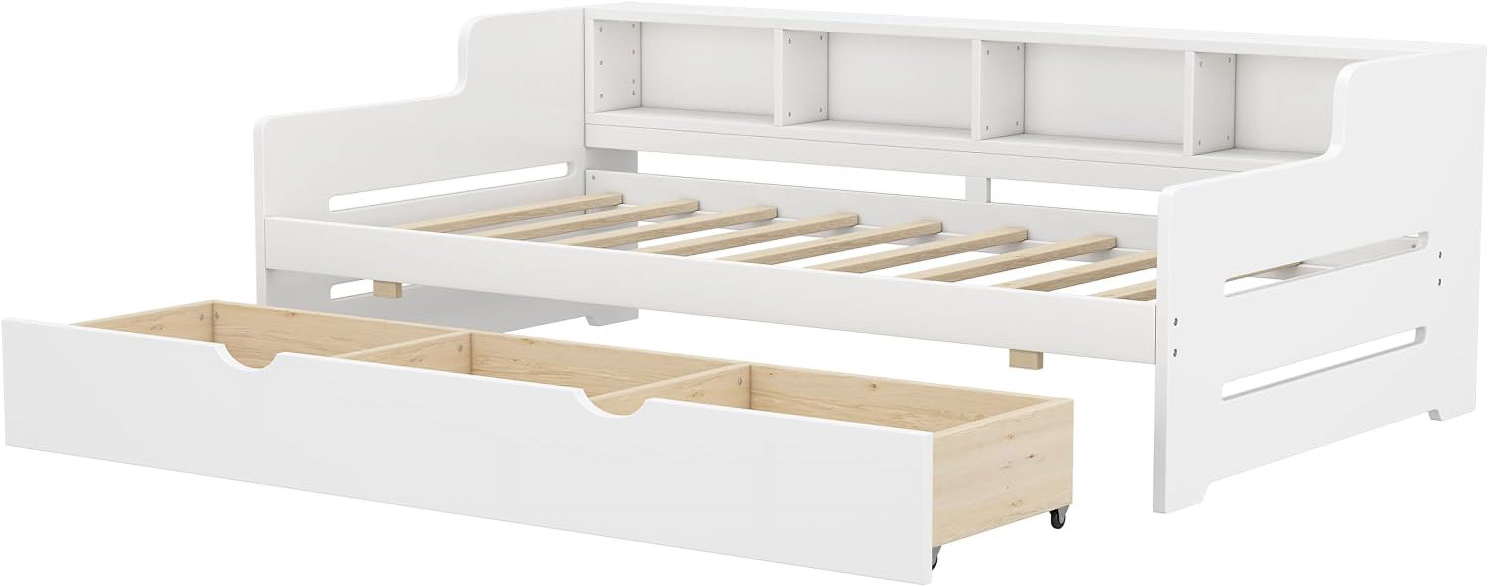 Size Daybed With Storage, Wood Daybed With Drawers & Bookcase Headboard For Kids Tees, Platform Bed With 3-I-1 Drawer For Livig Room Guest Room, White