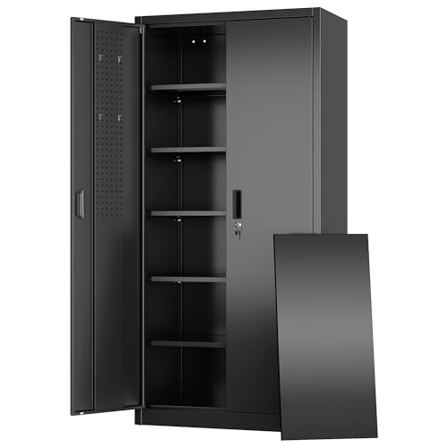 Aobabo Garage Storage Cabinet with Wheels,72" H Metal Storage Cabinet with 2 Doors and 4 Adjustable Shelves for Garage Home, Black,Required-Assembly
