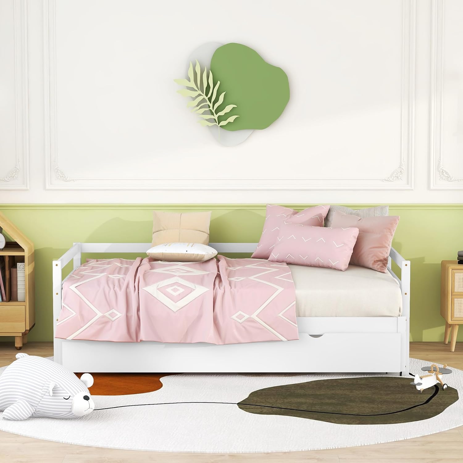 Extendable Daybed with Trundle, Wood Twin to Double Twin Daybed with Pull Out Trundle, Trundle Daybed for Kids Teens, Extending Sofa Bed for Living Room, Bedroom, Guest Room,White