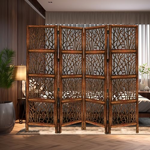 Room Divider Wood Screen - Ghanti Bells Antique Brown - 4 Panel Folding 72 x 80 - Assembled Hand Carved Decorative Functional Versatile Portable Partition Reversible Privacy Boho - COTTON CRAFT