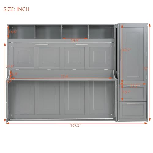 SOFTSEA Queen Size Horizontal Murphy Bed, Queen Murphy Bed with Desk Wardrobe Storage Shelf, Queen Hideaway Wall Bed with Drawers Space-Saving for Guest Room Bedroom or Office, Gray