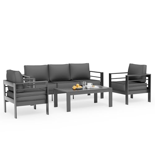 UDPATIO 8 Piece Aluminum Patio Furniture Set, Oversized Modern Outdoor Furniture Set with Olefin Fabric Cushion for Patio Deck Backyard, Dark Grey(with Waterproof Covers)