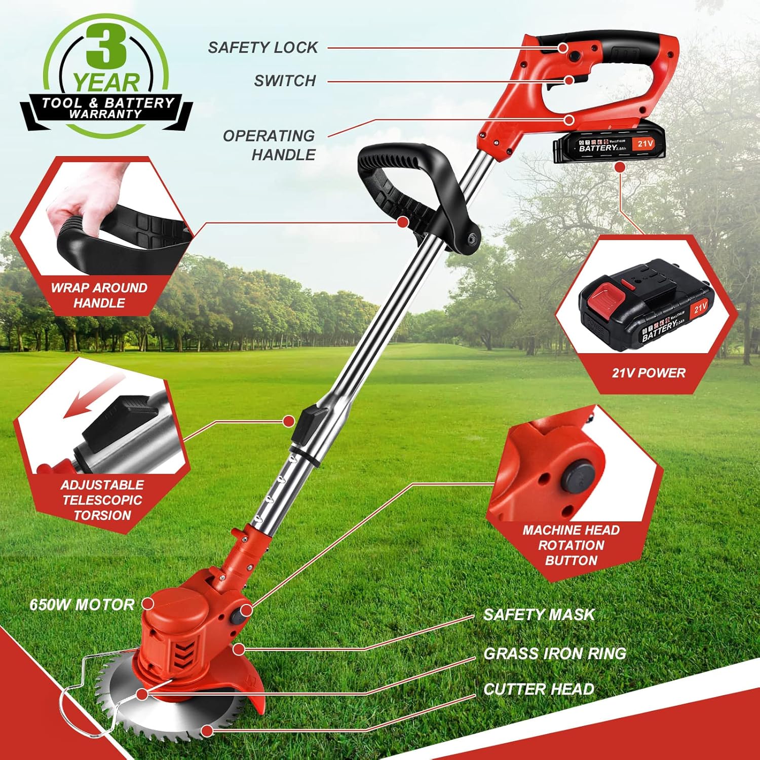 Cordless String Trimmer Battery Powered, Suncanri 21V Weed Wacker Brush Cutter Edger Lawn Tool, Powerful Weed Eater for Home Garden, Lawn, Yard, Bush Trimming & Pruning(2 Batteries)
